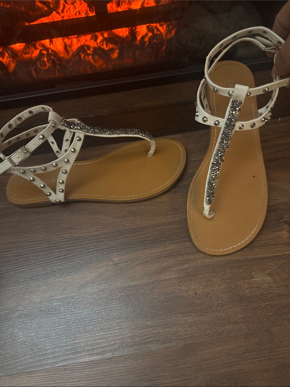 Embellished White T-Strap Women's Sandals with Ankle Strap